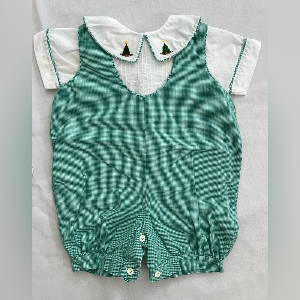 Vintage Strasburg Green 3M  Boy Bubble Romper Christmas Tree Embroidered Collar